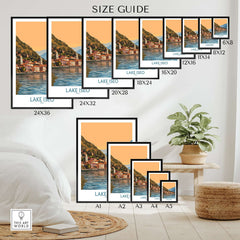 Lake Iseo Poster Italy size guide showcasing various print dimensions for home decor.