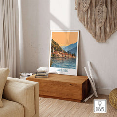 Lake Iseo Poster Italy showcasing the picturesque view of Lake Iseo in a stylish interior setting.