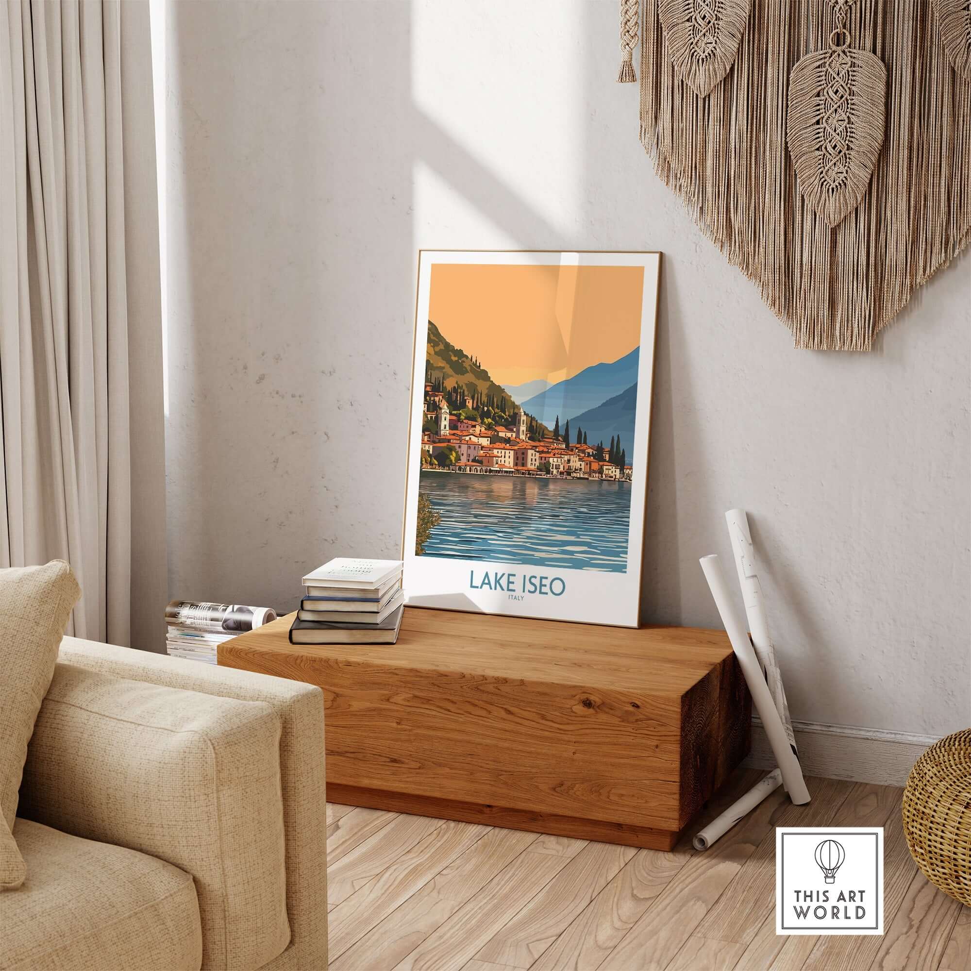 Lake Iseo Poster Italy showcasing the picturesque view of Lake Iseo in a stylish interior setting.