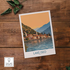 Lake Iseo Poster Italy showcasing the serene waters and lush mountains of Lake Iseo, Italy, perfect for home decor.