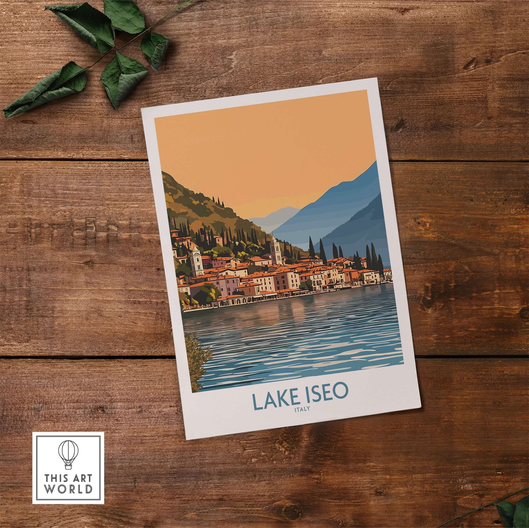 Lake Iseo Poster Italy showcasing the serene waters and lush mountains of Lake Iseo, Italy, perfect for home decor.