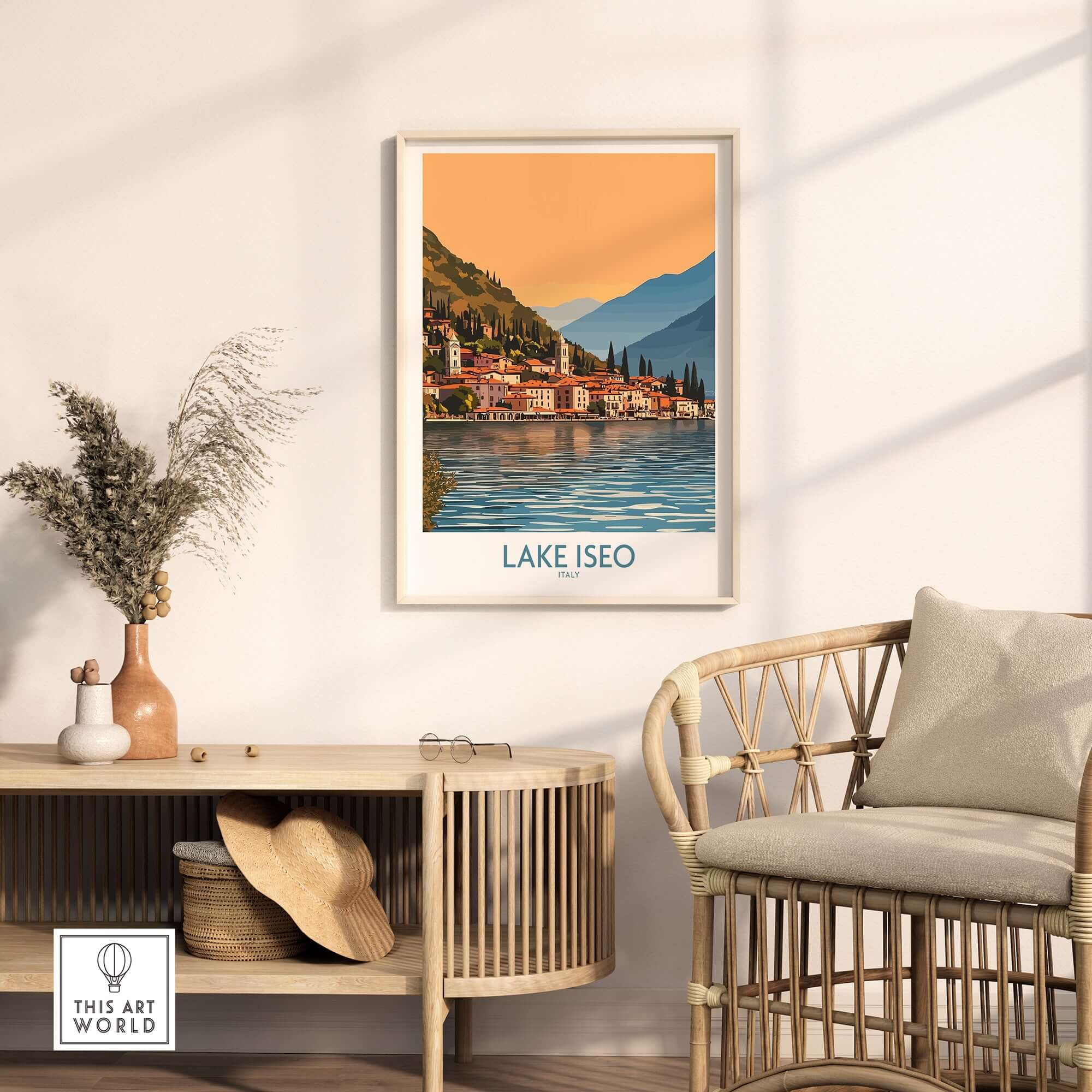 Lake Iseo Poster Italy displayed in a stylish interior setting, showcasing the beauty of Lake Iseo.