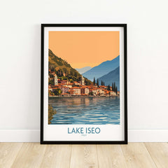 Lake Iseo Poster Italy showcasing stunning mountains and reflection on the lake, perfect for home decor.