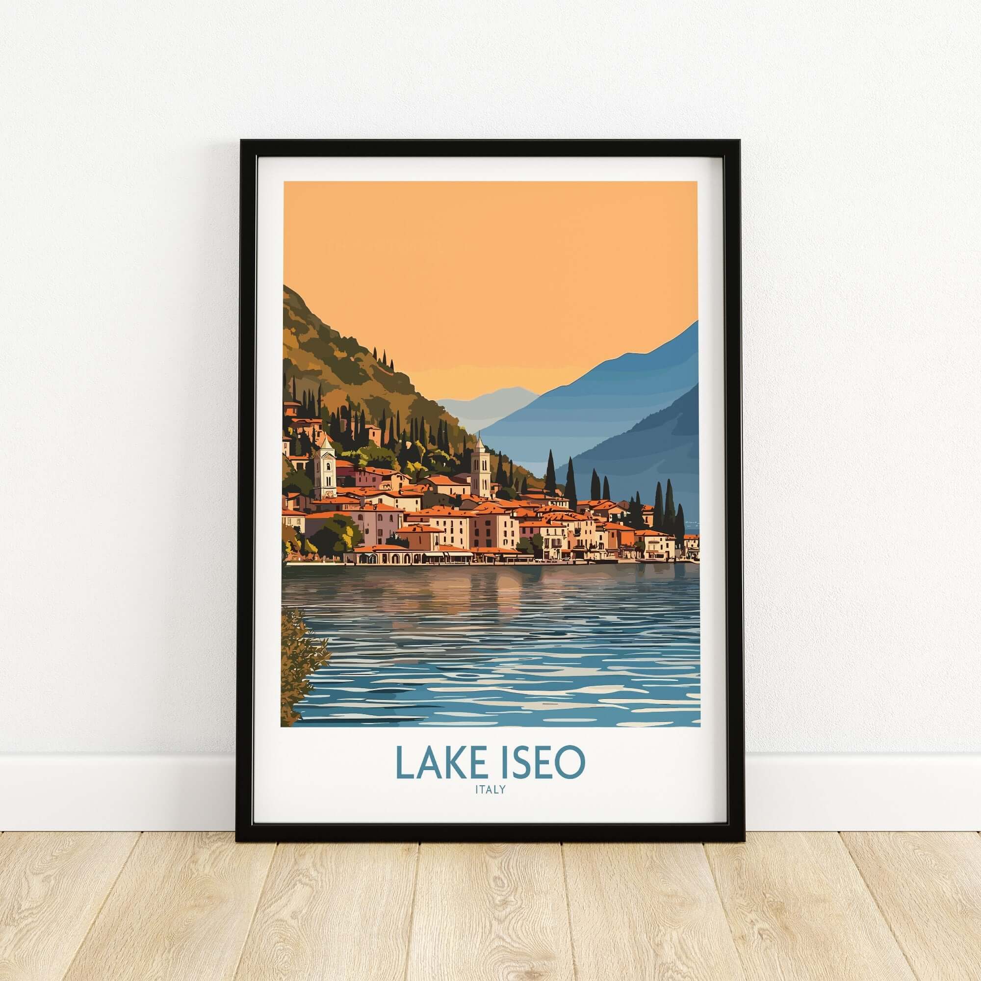 Lake Iseo Poster Italy showcasing stunning mountains and reflection on the lake, perfect for home decor.