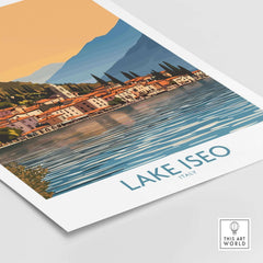 Lake Iseo Poster Italy showcasing the picturesque village and clear waters of Lake Iseo in a vibrant art print.