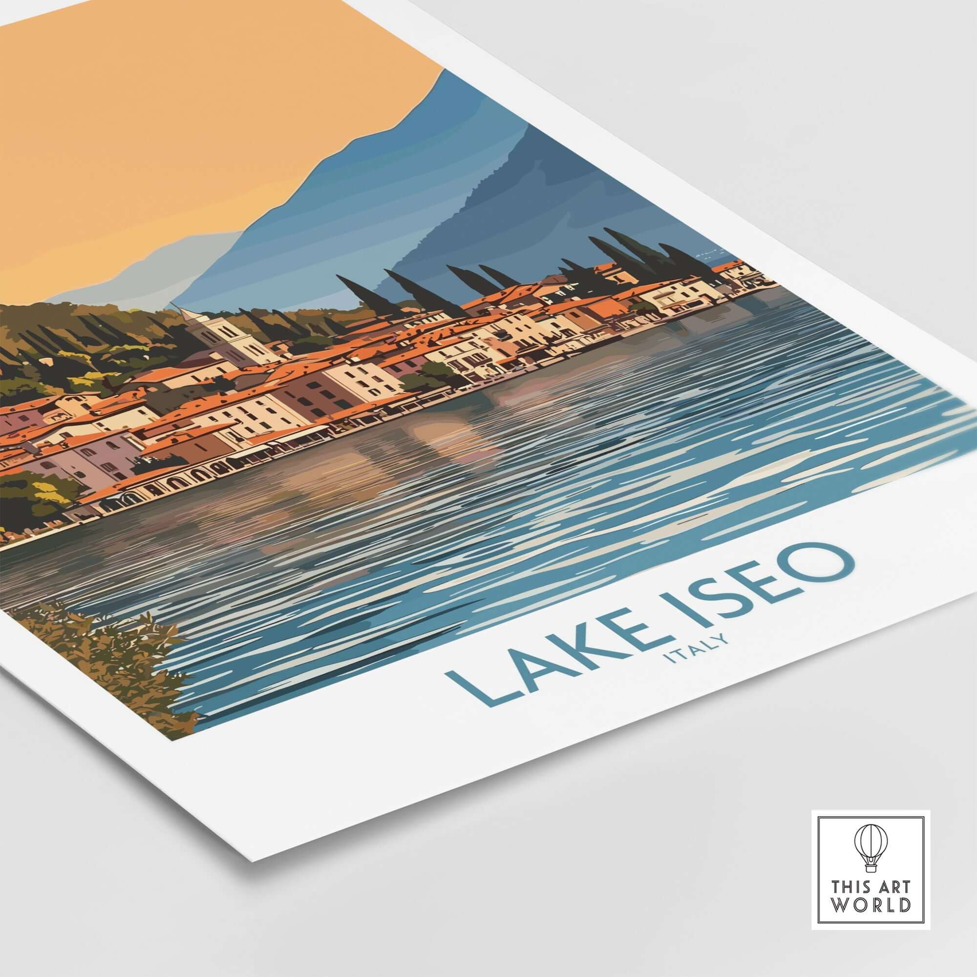 Lake Iseo Poster Italy showcasing the picturesque village and clear waters of Lake Iseo in a vibrant art print.