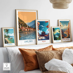 Lake Iseo Poster Italy displayed among travel prints in a stylish interior setting with charming decor.