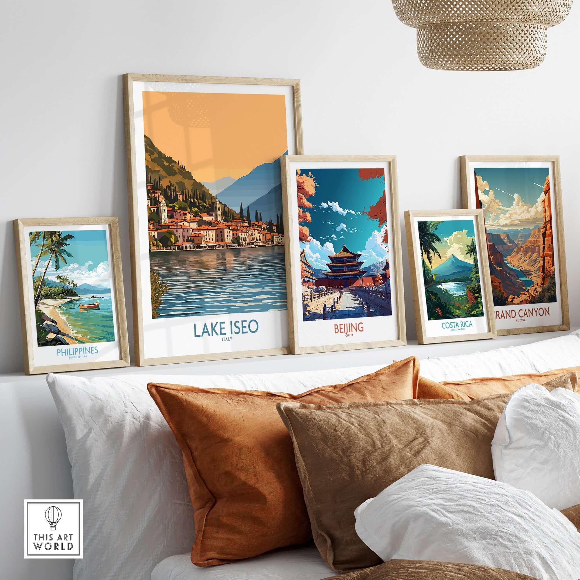 Lake Iseo Poster Italy displayed among travel prints in a stylish interior setting with charming decor.