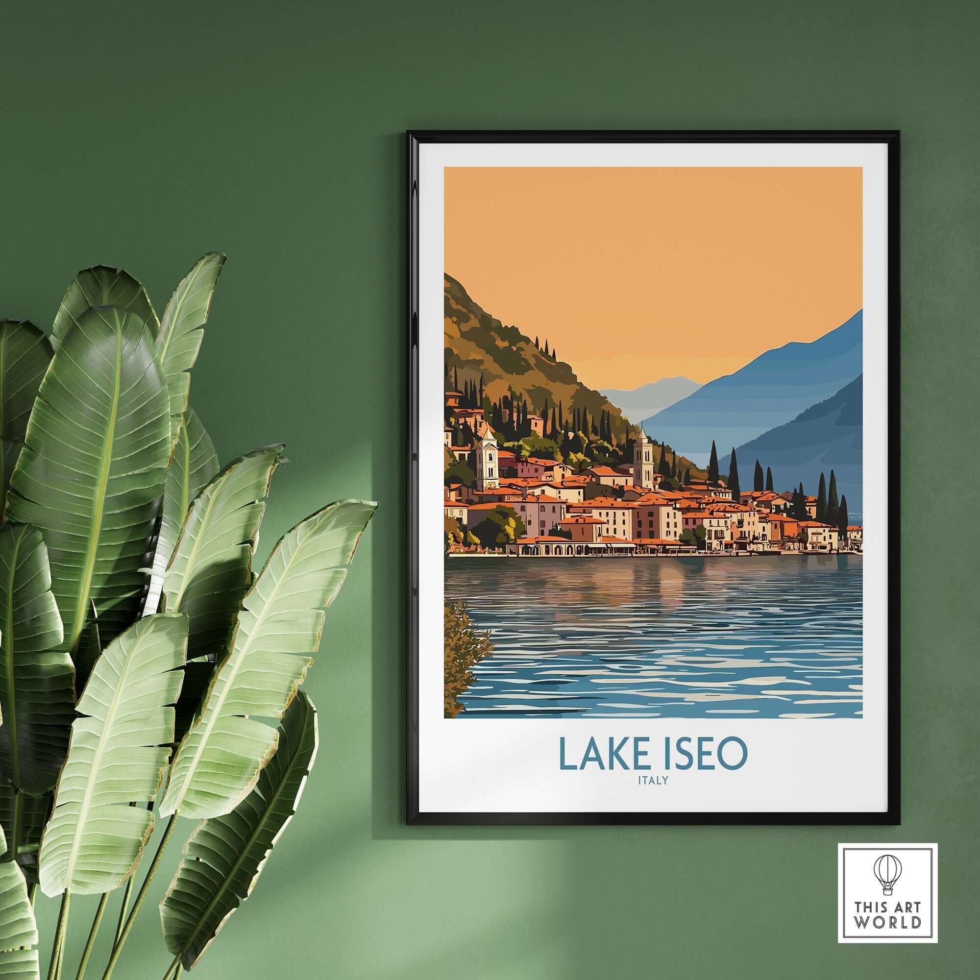 Lake Iseo Poster Italy showcasing tranquil waters and scenic views of Lake Iseo, perfect for home or office decor.