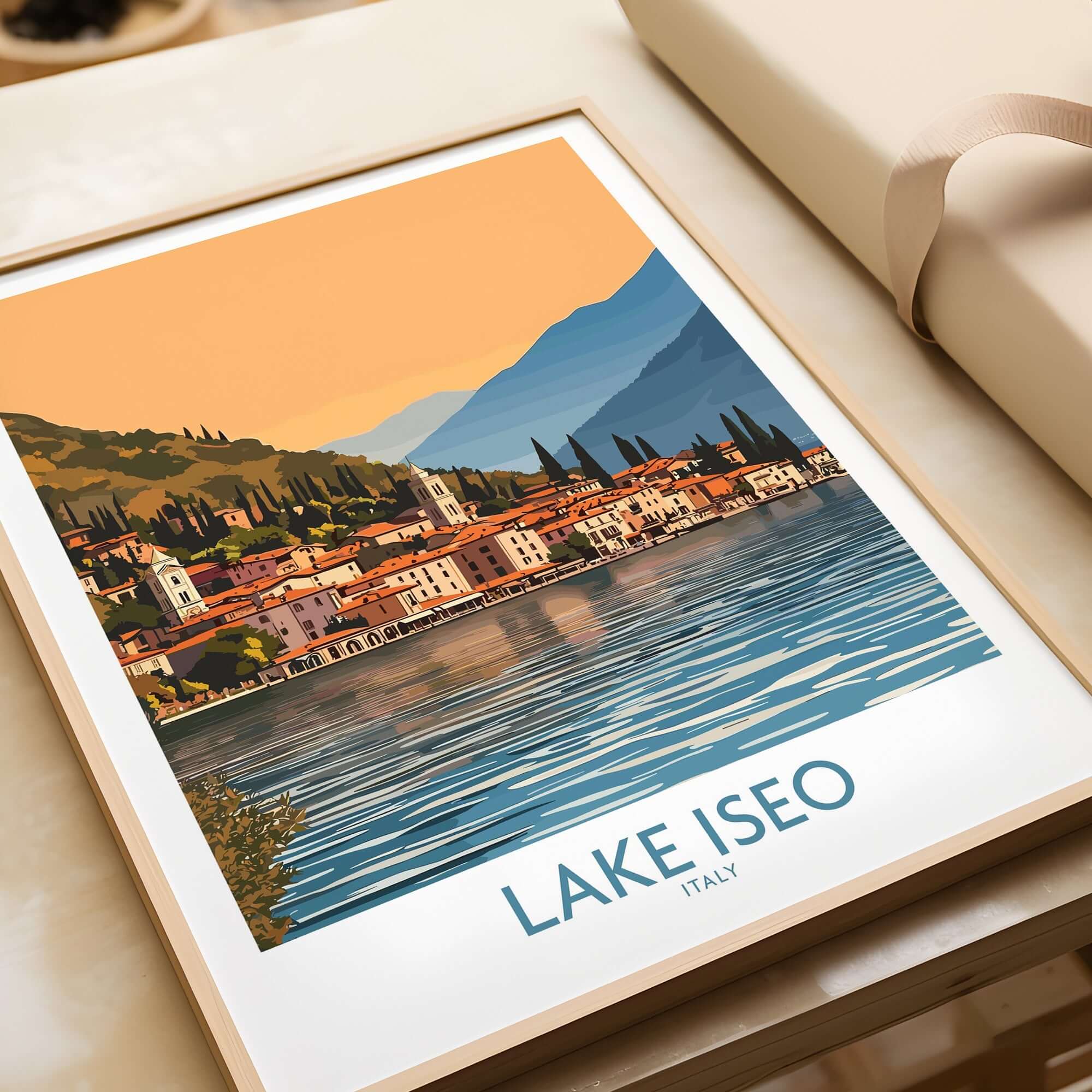 Lake Iseo Poster Italy showcasing the serene waters and picturesque landscape of Lake Iseo in Italy.