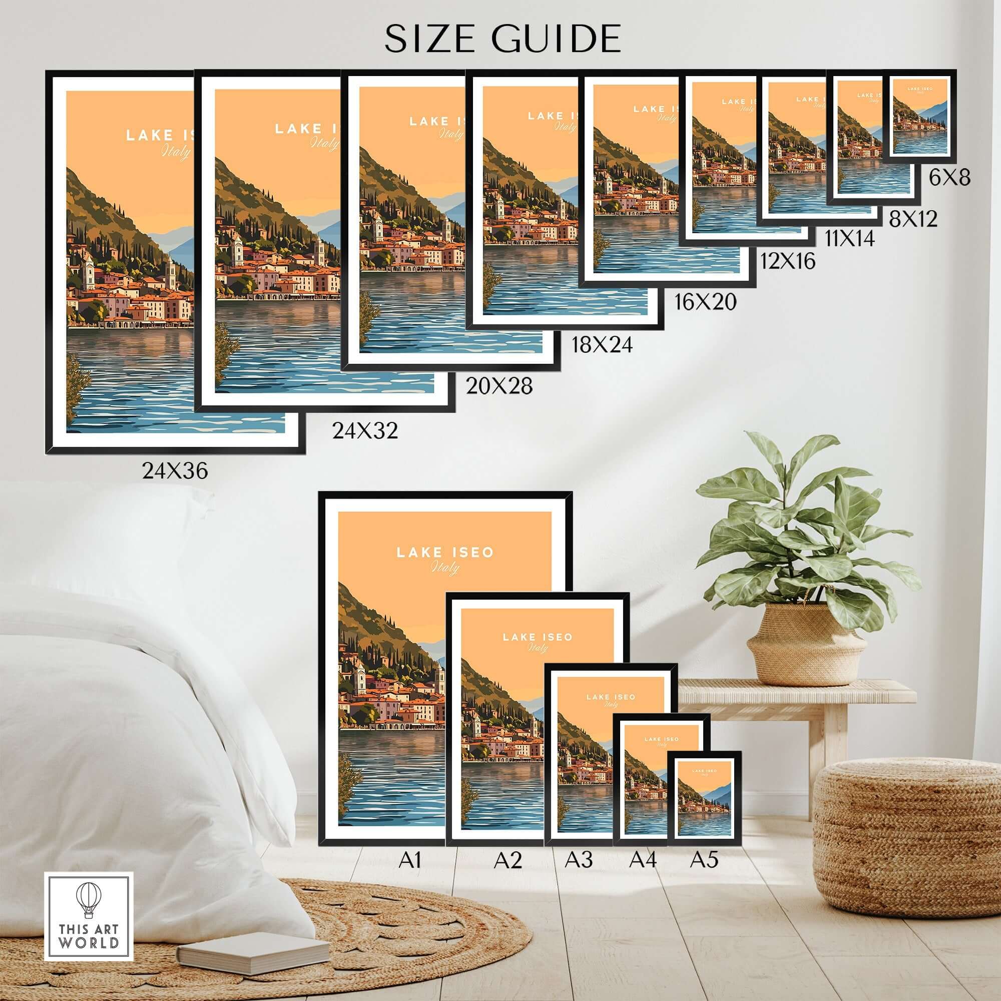 Lake Iseo Print Italy size guide featuring various print dimensions and frame options for home decor.