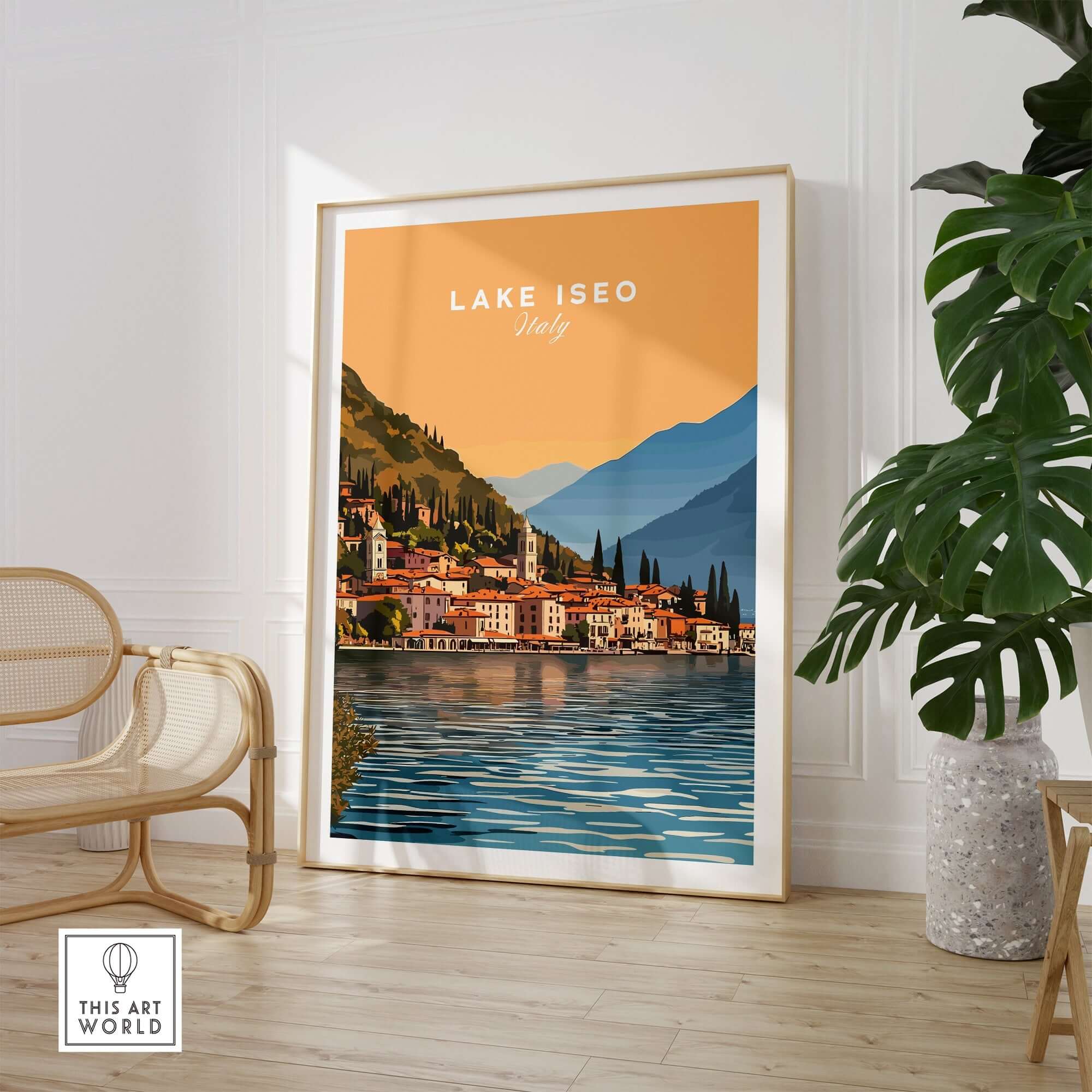 Lake Iseo Print Italy art print featuring a sunset over Lake Iseo, perfect for adding Italian charm to your space.