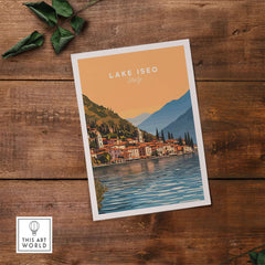 Lake Iseo Print Italy showcasing a sunset over the serene waters and charming town of Lake Iseo, Italy.
