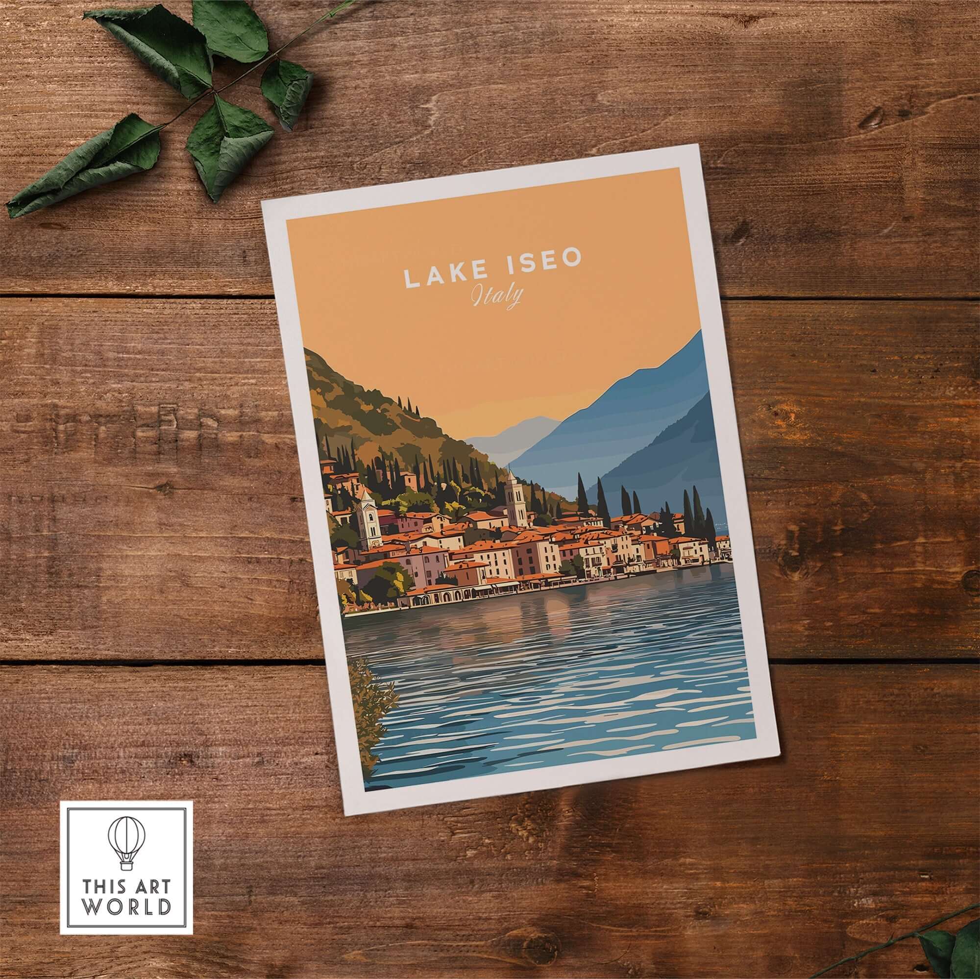 Lake Iseo Print Italy showcasing a sunset over the serene waters and charming town of Lake Iseo, Italy.