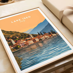 Lake Iseo Print Italy showcasing a serene sunset over the lakeside village in Italy.