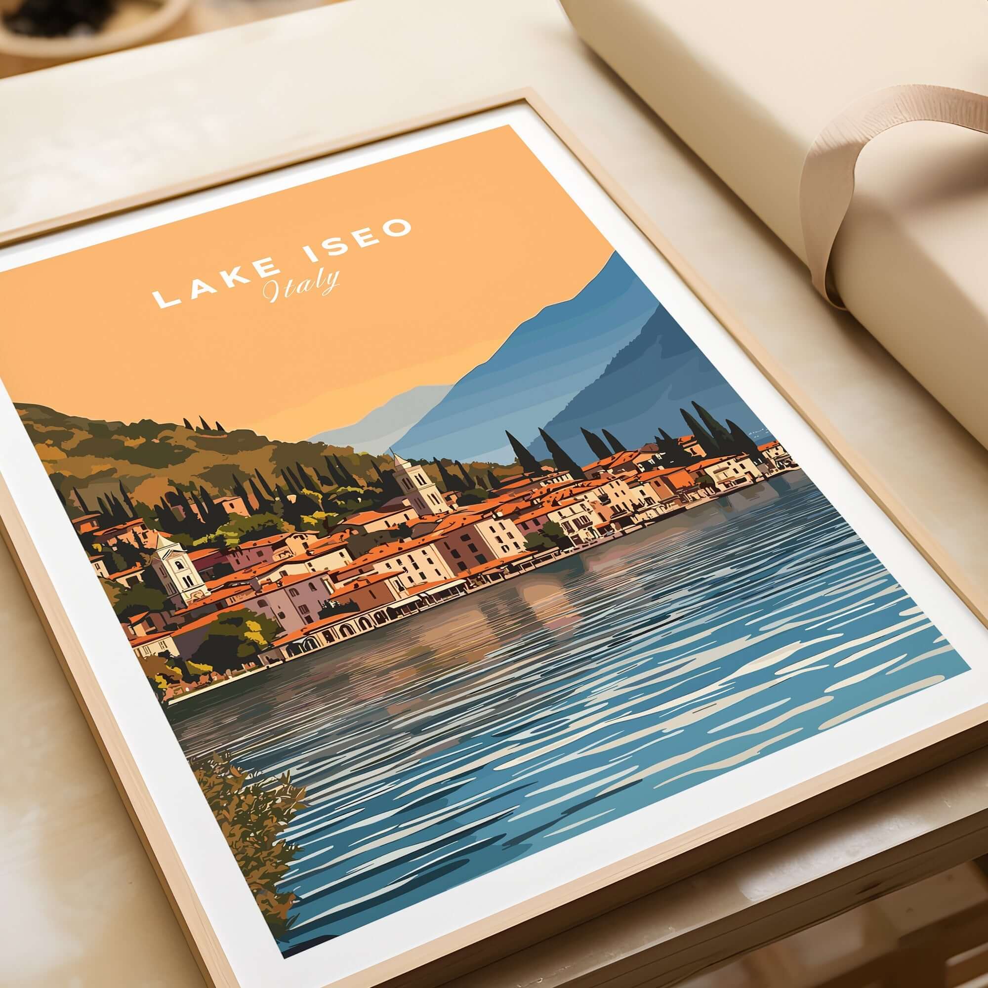 Lake Iseo Print Italy showcasing a serene sunset over the lakeside village in Italy.