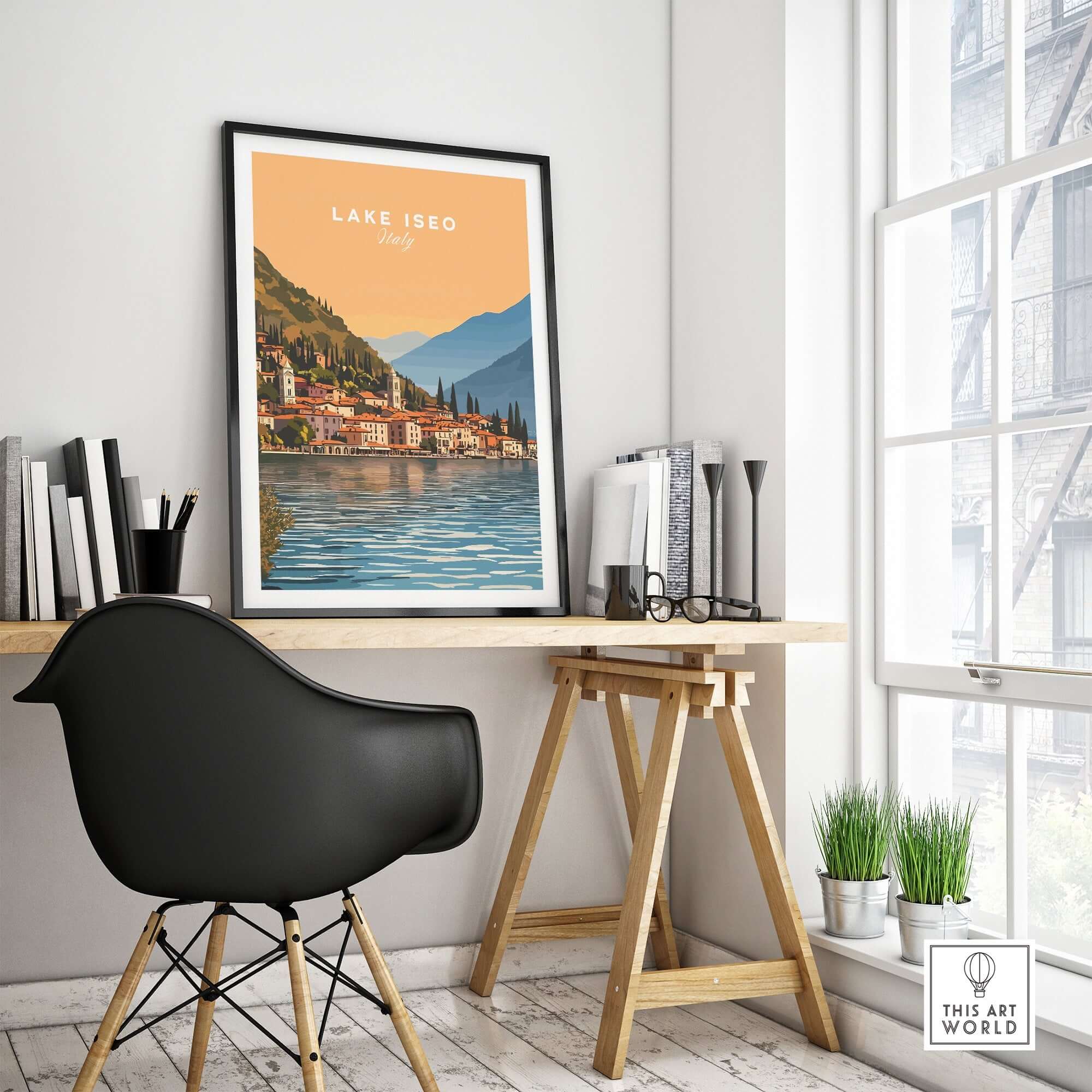 Lake Iseo Print Italy showcasing a serene lake view with sunset colors in a stylish interior setting.