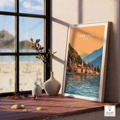Lake Iseo Print Italy featuring a serene sunset and beautiful Italian landscape in a stylish interior setting.