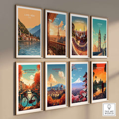Lake Iseo Print Italy showcased in a collection of iconic travel posters, featuring stunning scenic artwork.