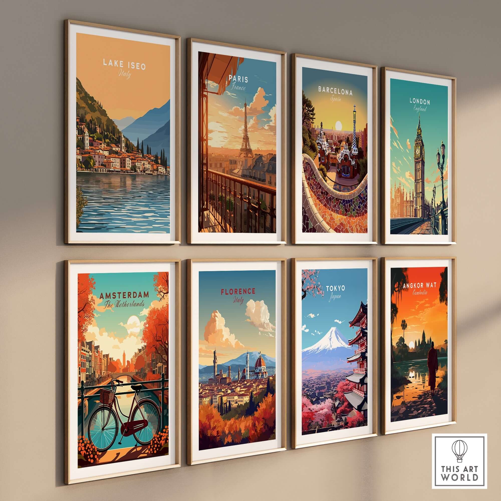 Lake Iseo Print Italy showcased in a collection of iconic travel posters, featuring stunning scenic artwork.