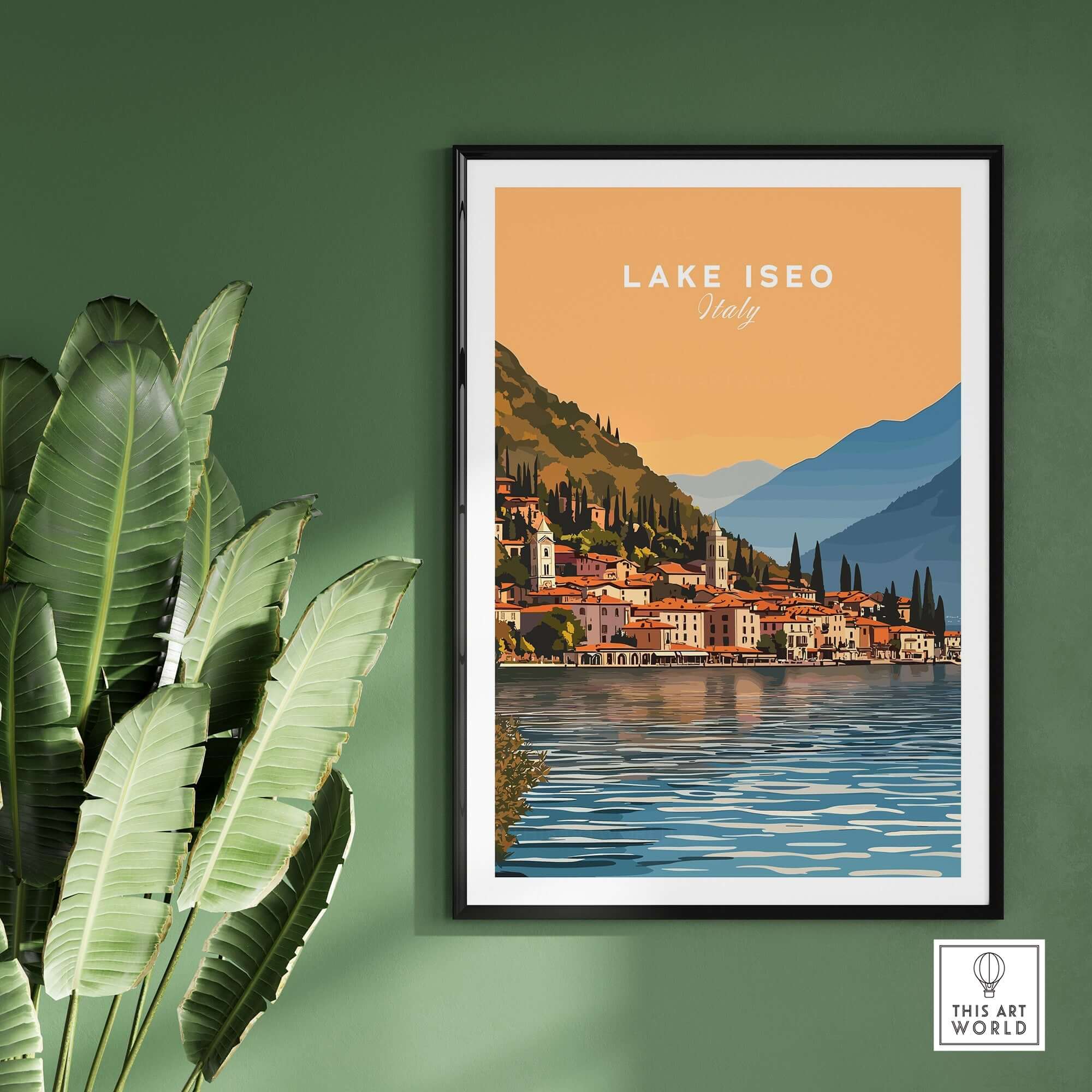 Lake Iseo Print Italy showcasing a vibrant sunset over the water and picturesque Italian landscape.