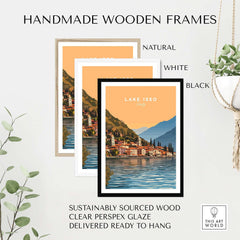 Handmade wooden frames for Lake Iseo Print Italy featuring natural, white, and black options with clear perspex glaze.