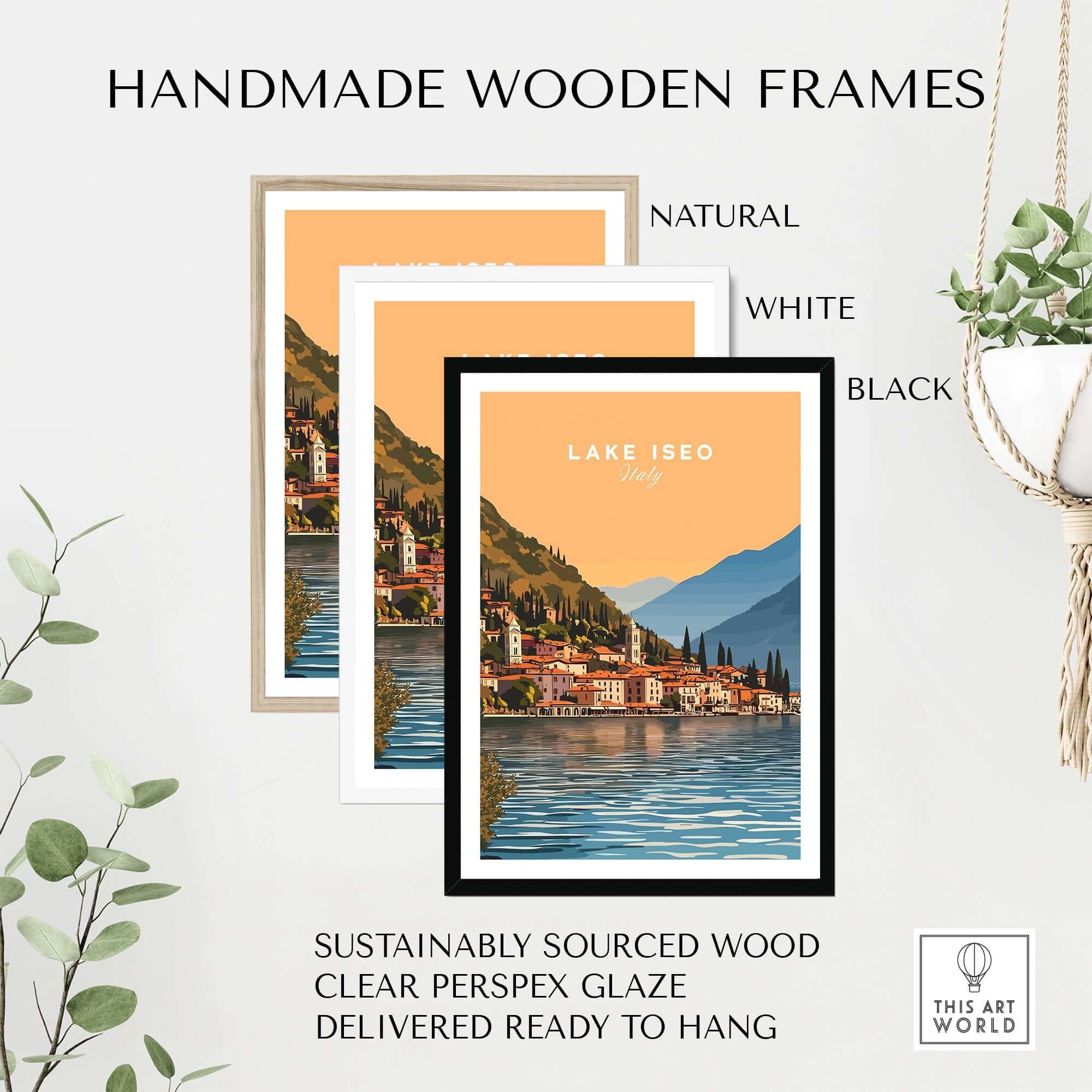 Handmade wooden frames for Lake Iseo Print Italy featuring natural, white, and black options with clear perspex glaze.