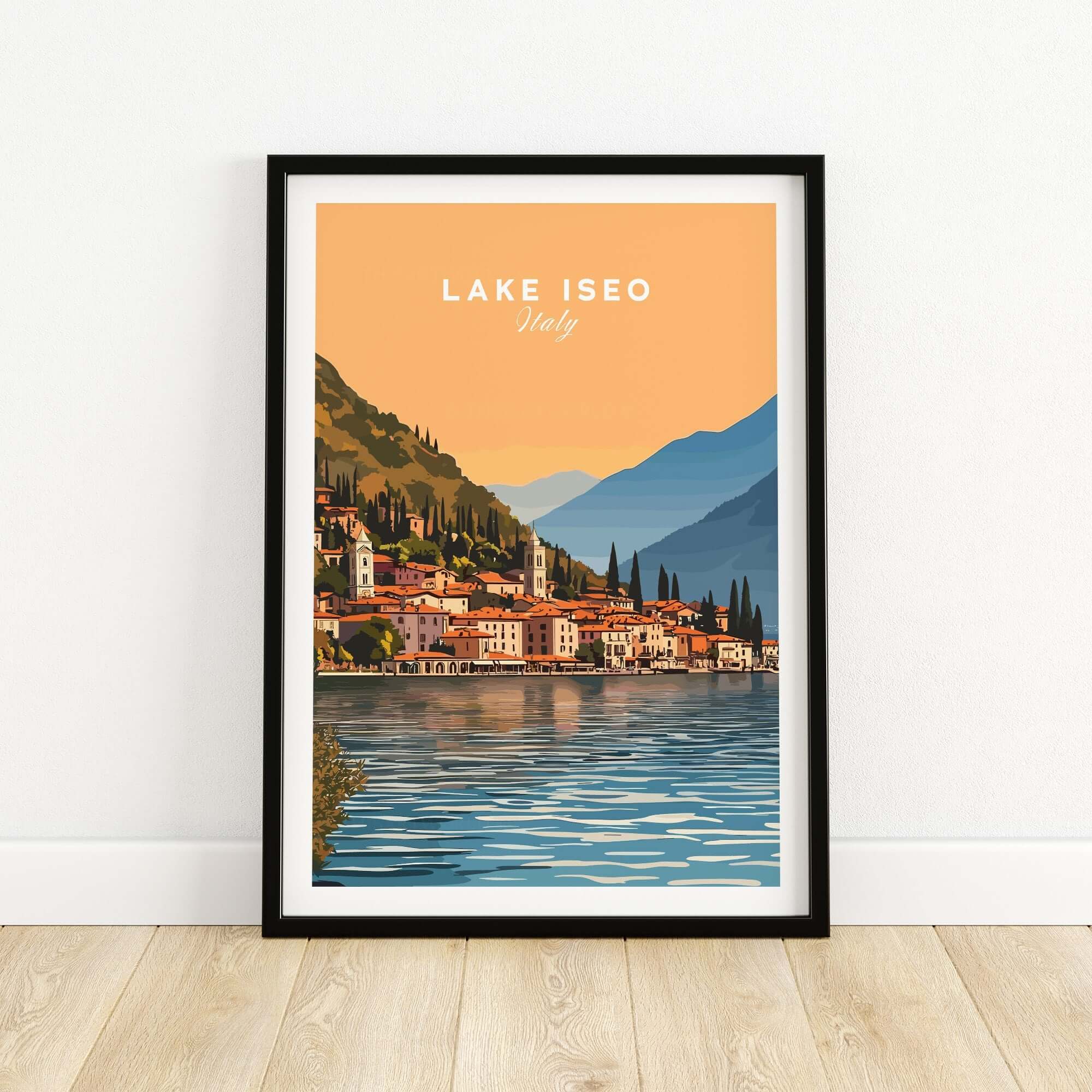 Lake Iseo Print Italy featuring a beautiful sunset over the scenic landscape of Lake Iseo, Italy.
