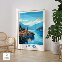 Lake Iseo Travel Poster showcasing the scenic beauty of Lake Iseo in Italy with vibrant colors and serene landscape.