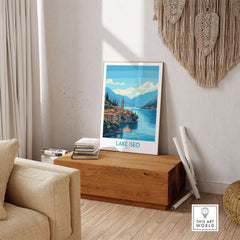 Lake Iseo Travel Poster showcasing tranquil shores and crystal clear waters of Italy in an artistic home setting.