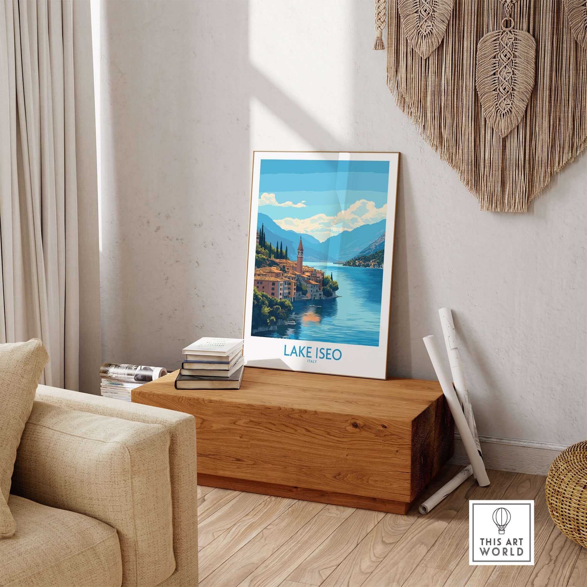Lake Iseo Travel Poster showcasing tranquil shores and crystal clear waters of Italy in an artistic home setting.
