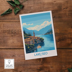 Lake Iseo Travel Poster showcasing the serene beauty of Lake Iseo in Italy with clear blue waters and mountains.