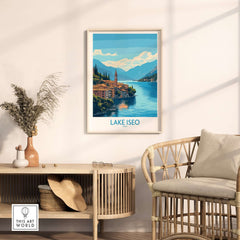 Lake Iseo Travel Poster featuring tranquil waters and scenic mountains in a stylish living room setting.
