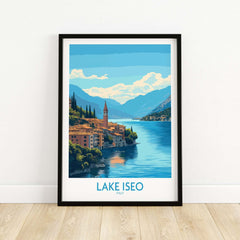 Lake Iseo Travel Poster showcasing the scenic beauty of Lake Iseo in Italy with vibrant colors and stunning landscape.