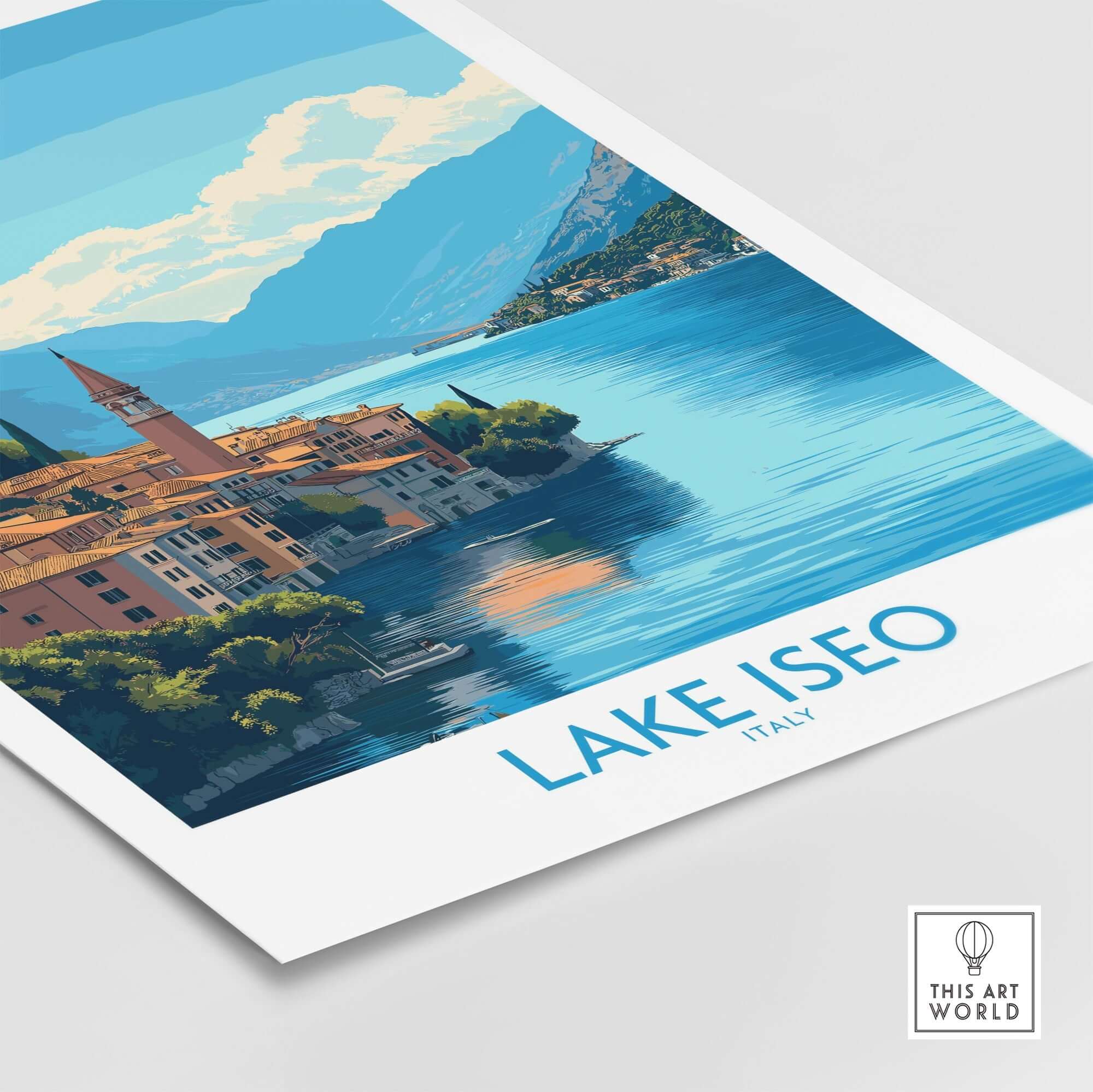 Lake Iseo Travel Poster depicting the serene beauty of Lake Iseo in Italy with vibrant colors.