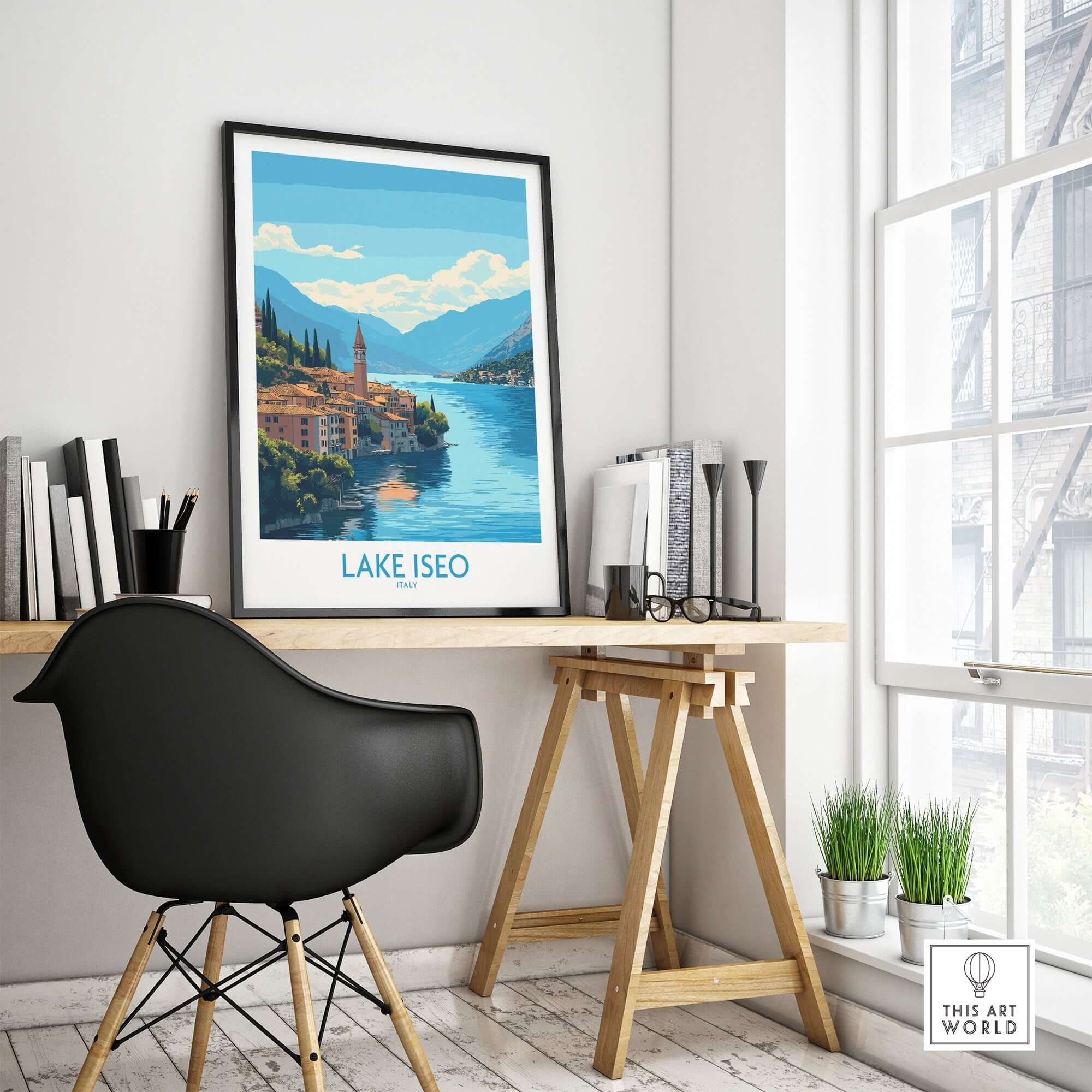 Lake Iseo Travel Poster featuring vibrant colors and tranquil scenery in a stylish workspace setting