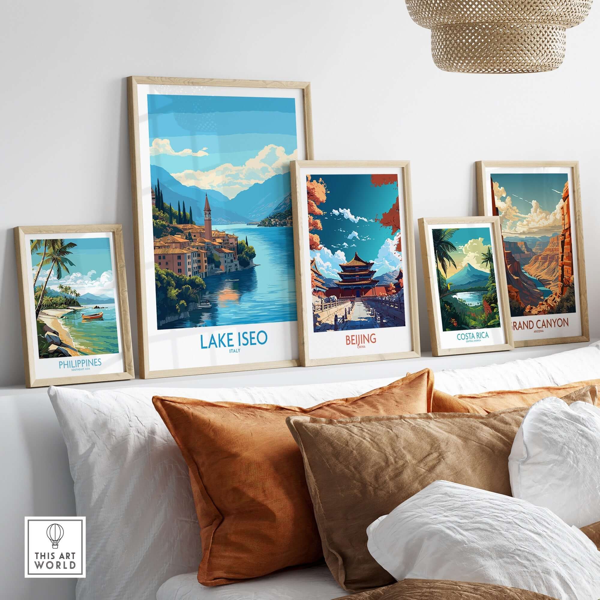Lake Iseo Travel Poster displayed among other travel art prints on a stylish wall, showcasing travel destinations.