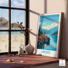 Lake Iseo Travel Poster showcasing the serene views of Lake Iseo, Italy, perfect for travel enthusiasts.