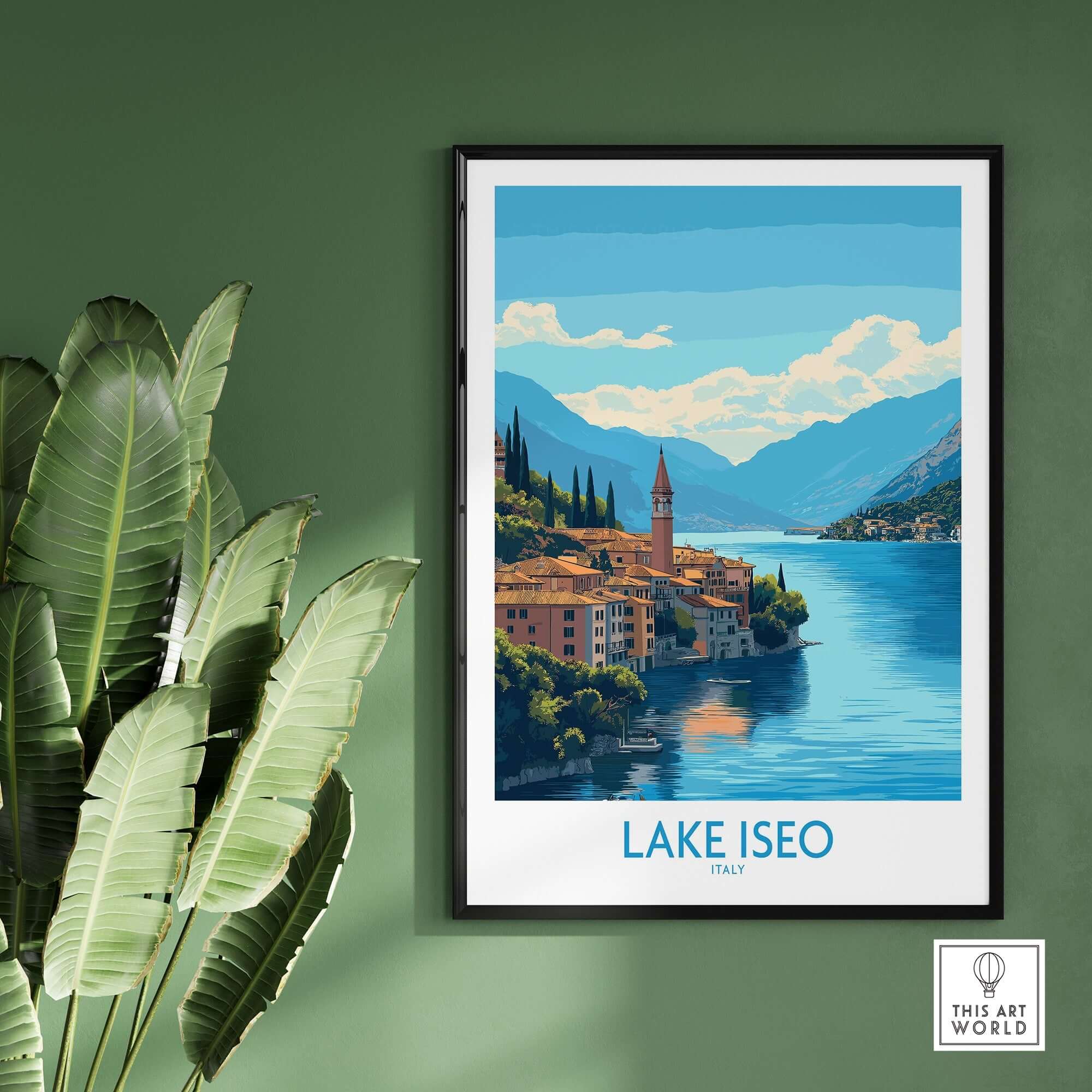 Lake Iseo Travel Poster showcasing the serene beauty of Lake Iseo in Italy with vibrant colors and stunning landscapes.