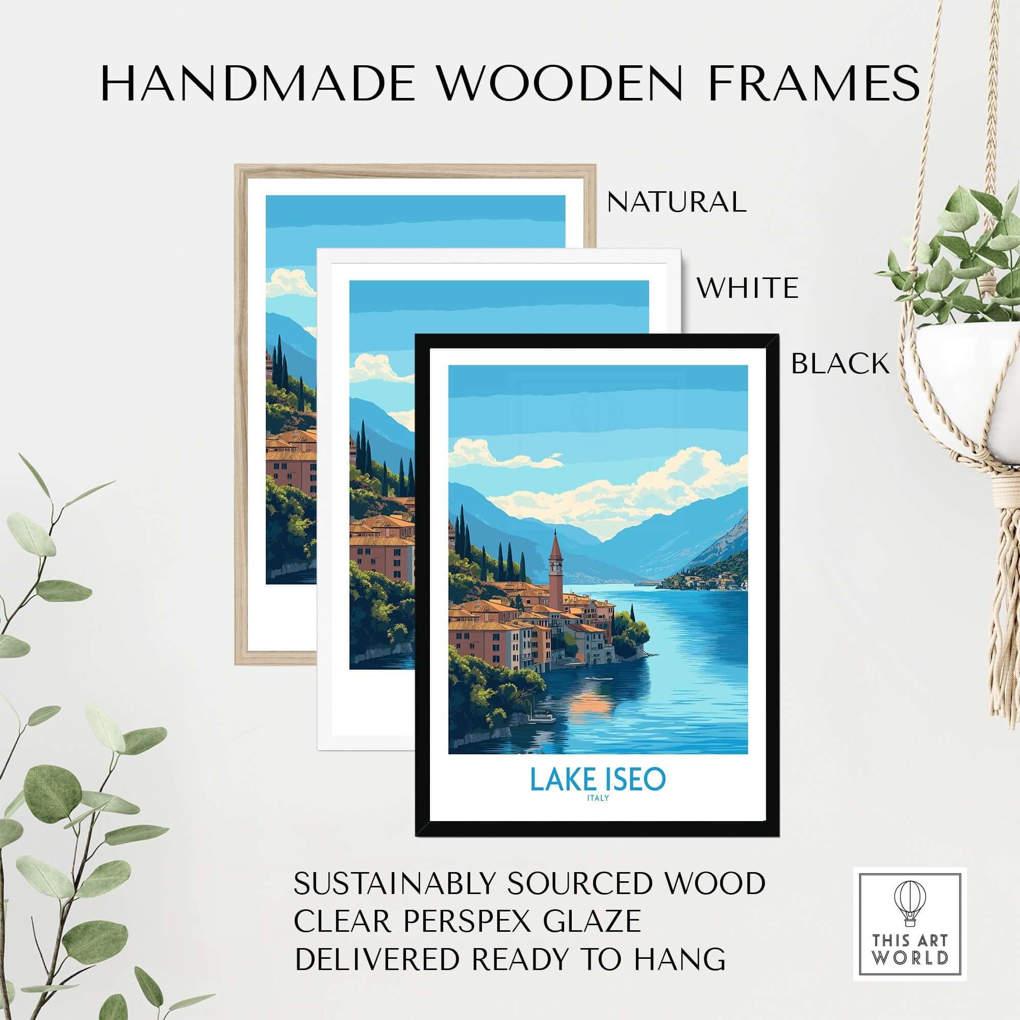 Lake Iseo Travel Poster displayed in handmade wooden frames, including natural, white, and black options.