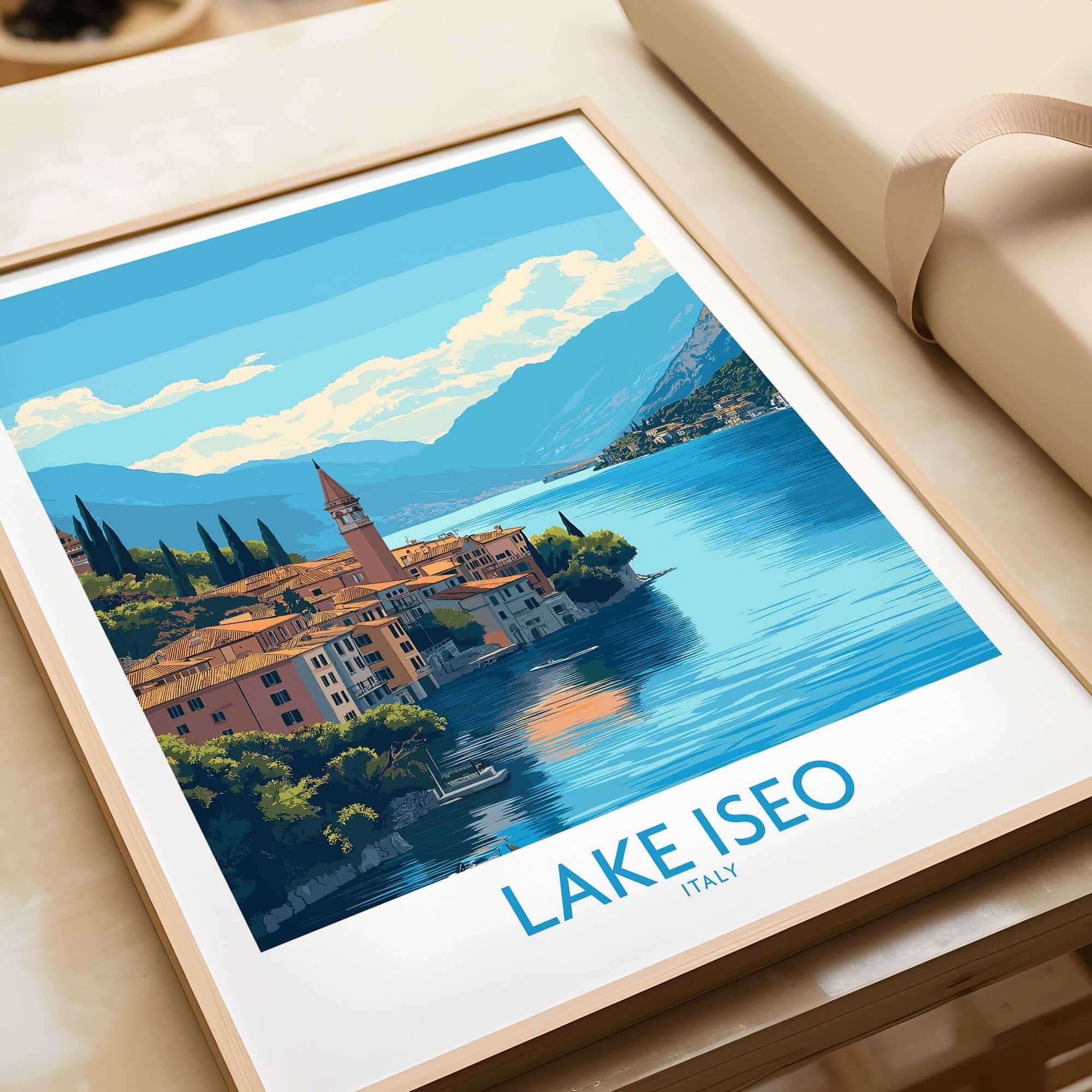 Lake Iseo Travel Poster showcasing the beautiful lakeside landscape of Lake Iseo, Italy.