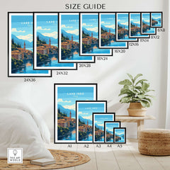Lake Iseo Travel Print size guide showcasing various frame sizes and vibrant artwork.