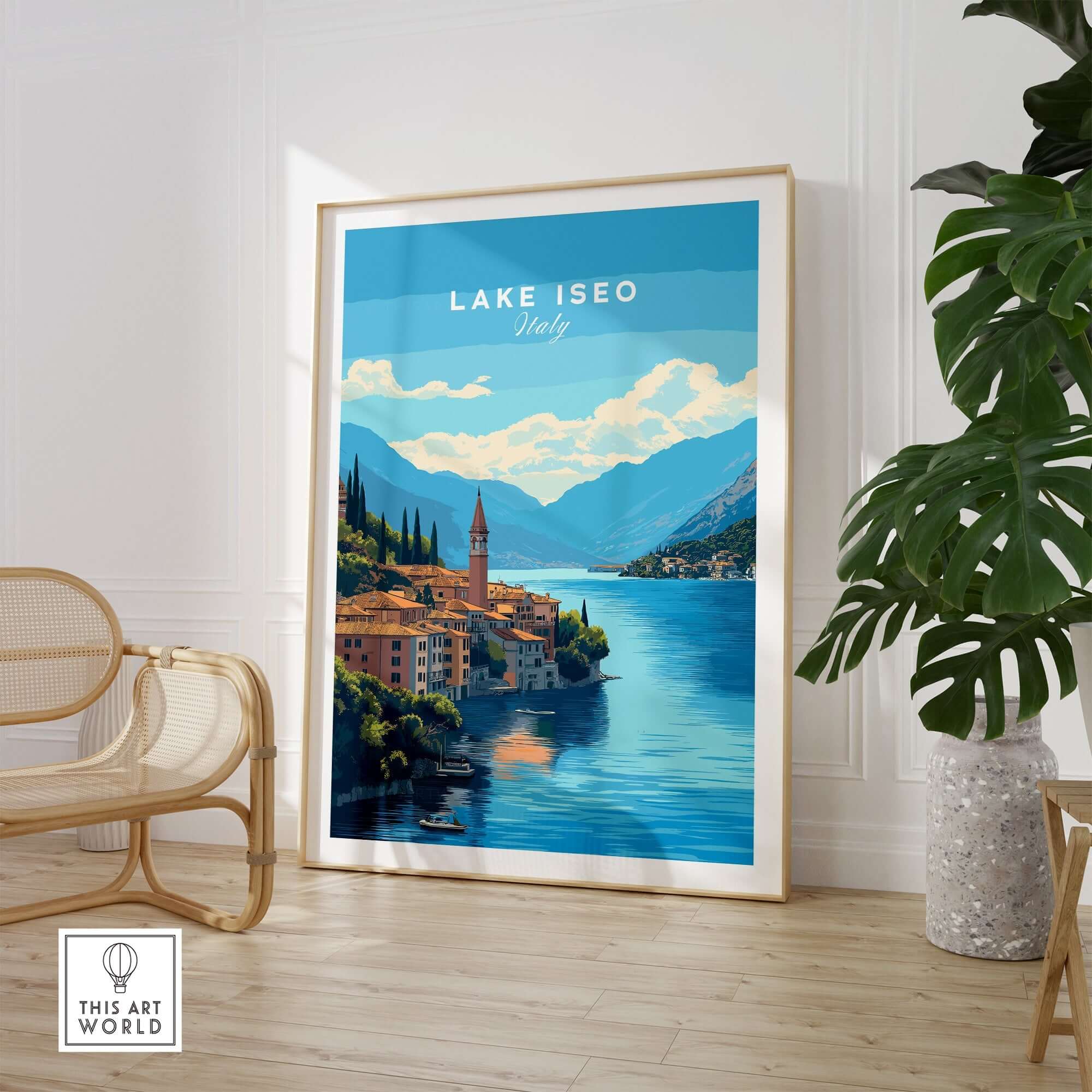 Lake Iseo Travel Print showcased in a stylish interior setting with vibrant colors representing the beauty of Lake Iseo, Italy.