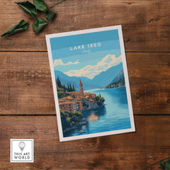 Lake Iseo Travel Print showcasing beautiful scenery of Lake Iseo in Italy, vibrant colors, and high-quality design.