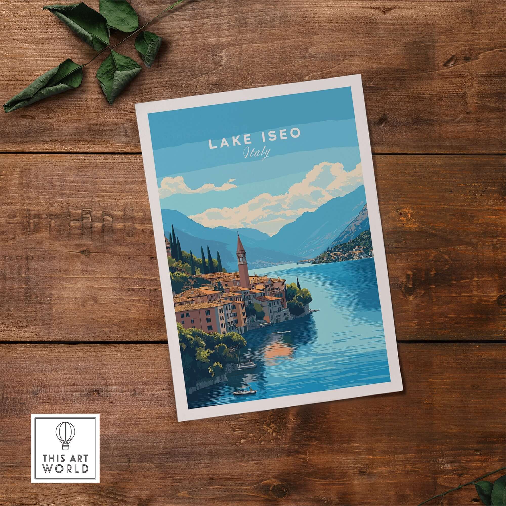 Lake Iseo Travel Print showcasing beautiful scenery of Lake Iseo in Italy, vibrant colors, and high-quality design.
