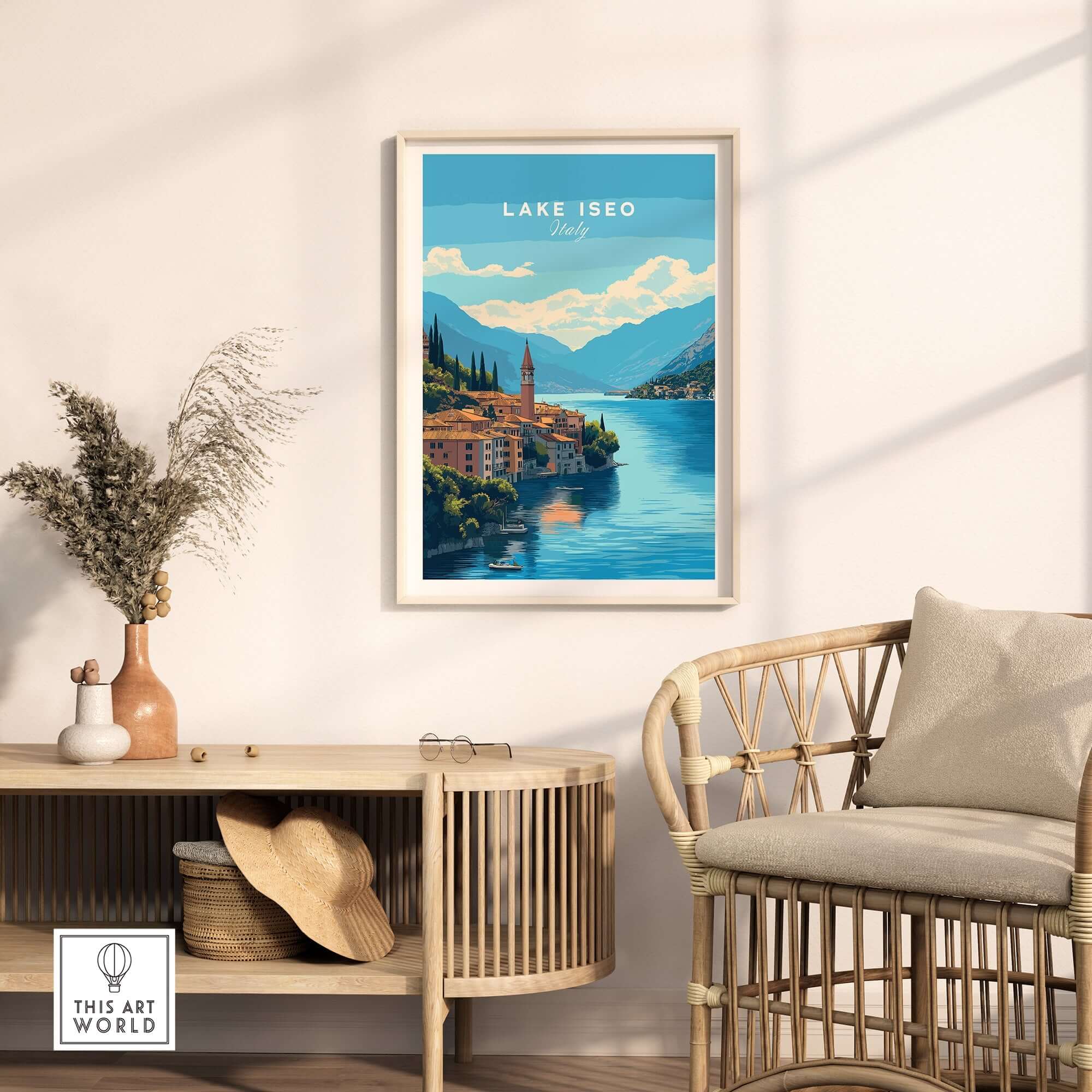 Lake Iseo Travel Print displayed in a modern interior, highlighting the beauty of Lake Iseo's serene waters.