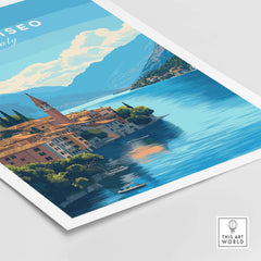 Lake Iseo Travel Print showcasing vibrant colors and serene waters of Lake Iseo in Italy.