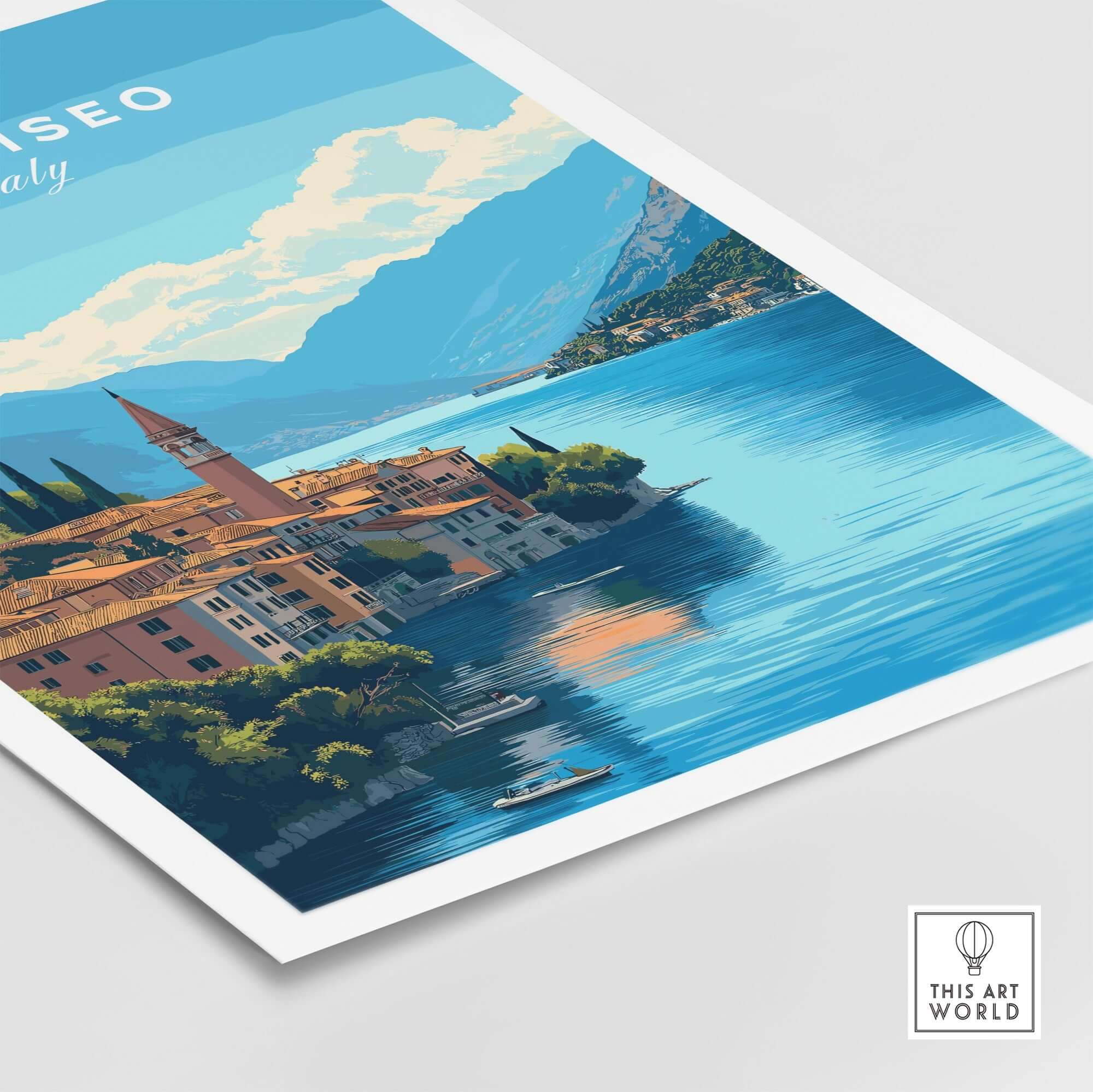 Lake Iseo Travel Print showcasing vibrant colors and serene waters of Lake Iseo in Italy.