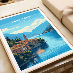 Lake Iseo Travel Print depicting the serene landscape and vibrant colors of Italy's Lake Iseo.