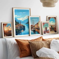 Lake Iseo Travel Print in a modern home setting, showcasing vibrant colors and scenic views of Lake Iseo.